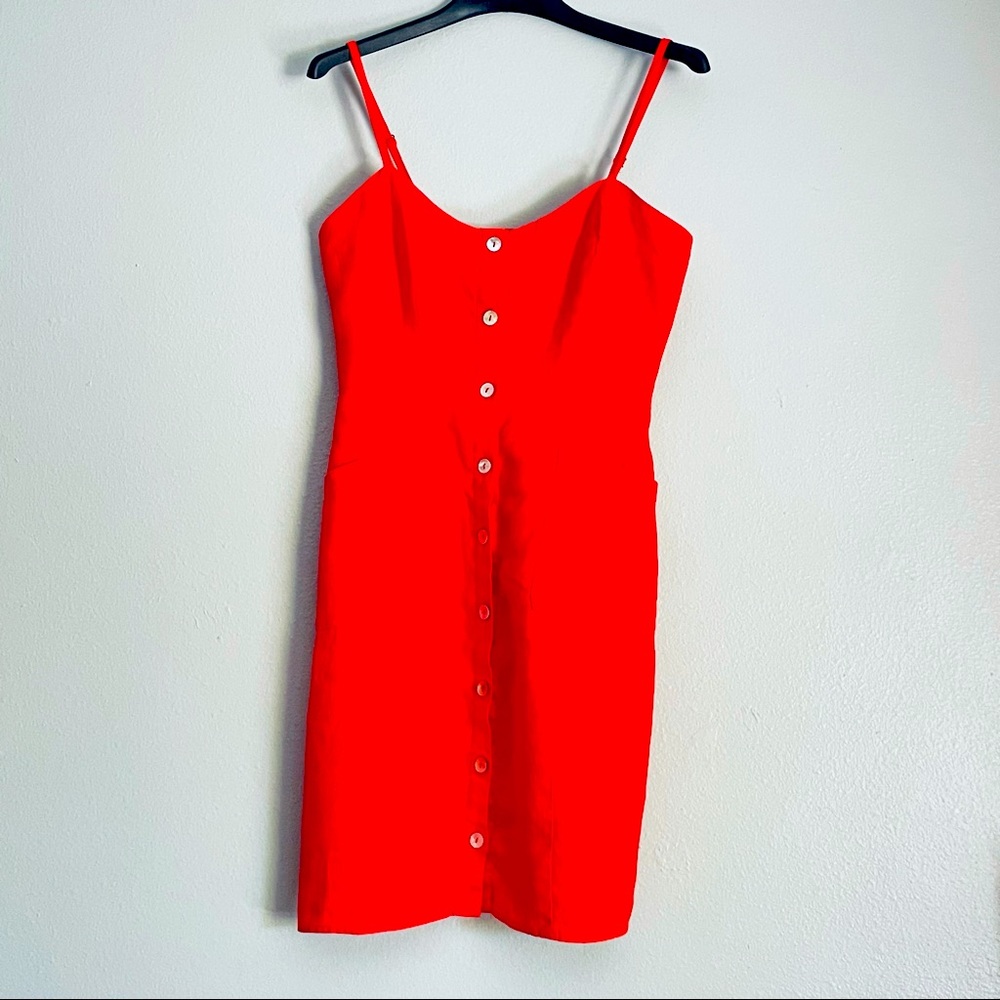 Cynthia Rowley tart red 100%linen front button-up smocked mini sundress, size 6